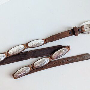 Vintage USA Made JUSTIN Buckle Belt Concho Leather Brown Western Cowhide Sz:34